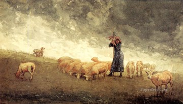 Pastora cuidando ovejas Pintor del realismo Winslow Homer Pinturas al óleo